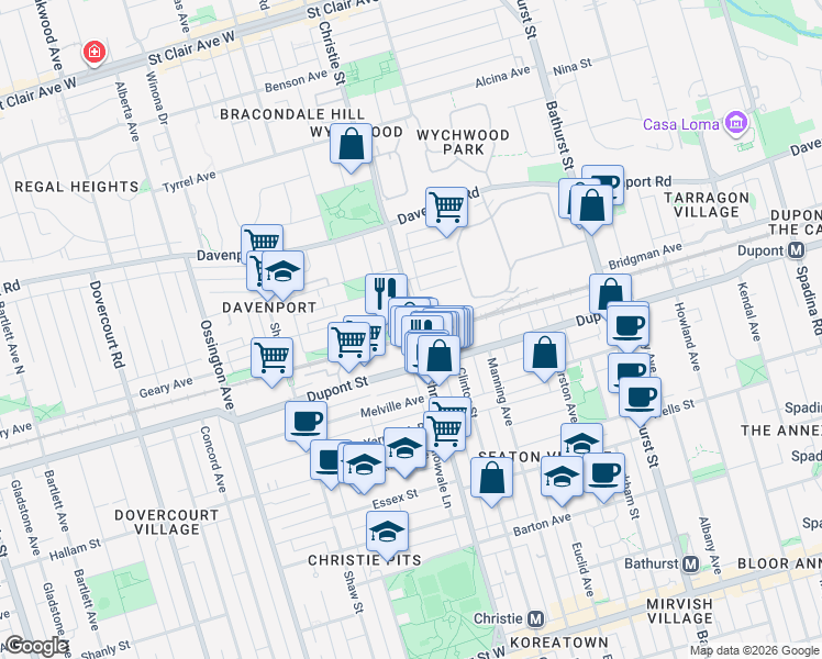 map of restaurants, bars, coffee shops, grocery stores, and more near 340 Christie Street in Toronto