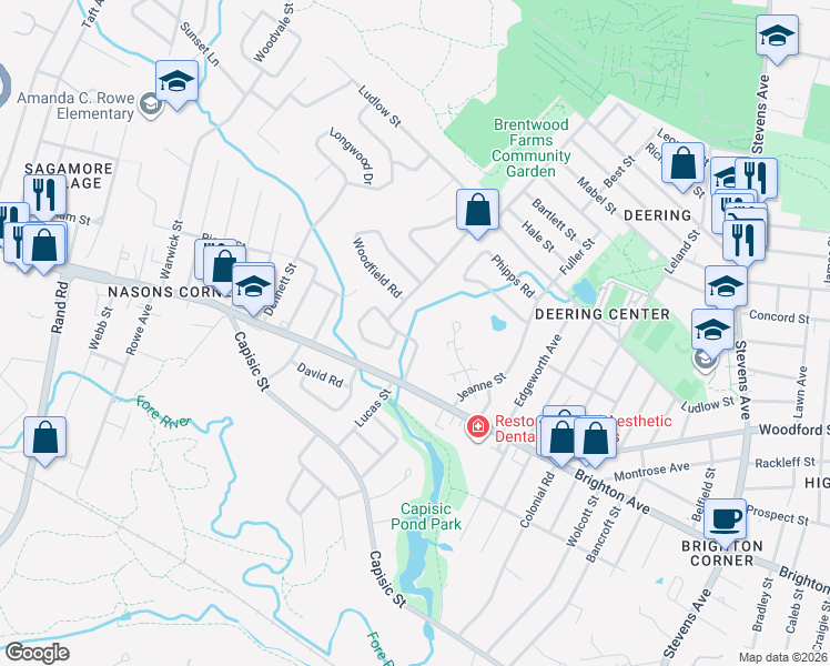 map of restaurants, bars, coffee shops, grocery stores, and more near 43 Wayside Road in Portland