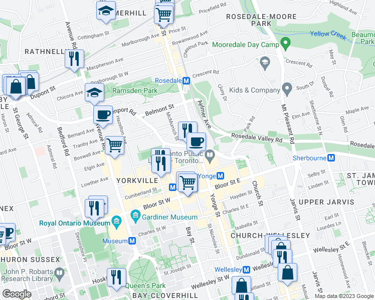 map of restaurants, bars, coffee shops, grocery stores, and more near in Toronto