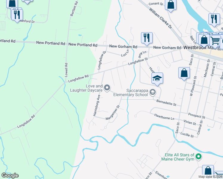 map of restaurants, bars, coffee shops, grocery stores, and more near 26 Madison Street in Westbrook
