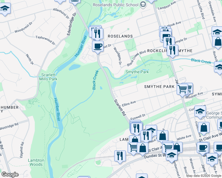 map of restaurants, bars, coffee shops, grocery stores, and more near 137 Scarlett Road in Toronto