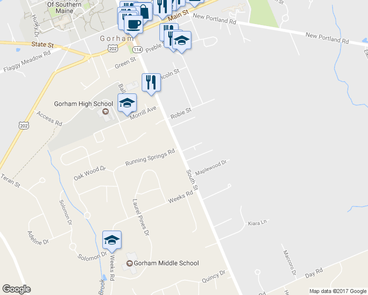 map of restaurants, bars, coffee shops, grocery stores, and more near 146 South Street in Gorham
