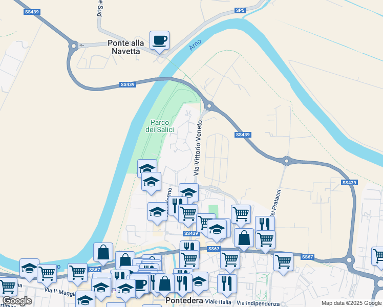map of restaurants, bars, coffee shops, grocery stores, and more near 37 Via Venezia in Pontedera