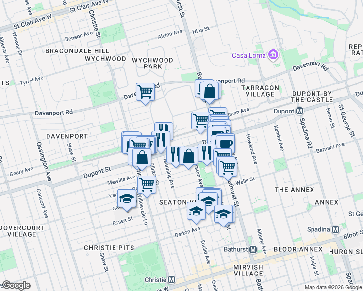 map of restaurants, bars, coffee shops, grocery stores, and more near 550 Dupont Street in Toronto