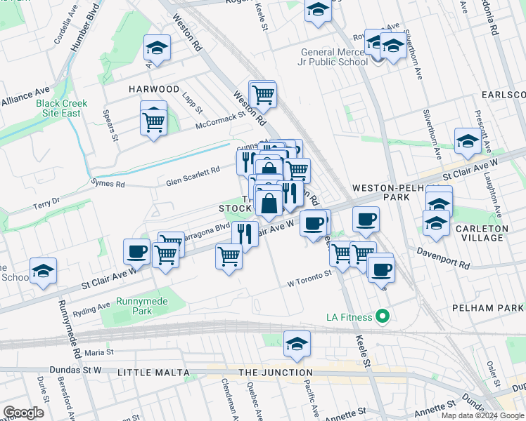 map of restaurants, bars, coffee shops, grocery stores, and more near 1980 Saint Clair Avenue West in Toronto