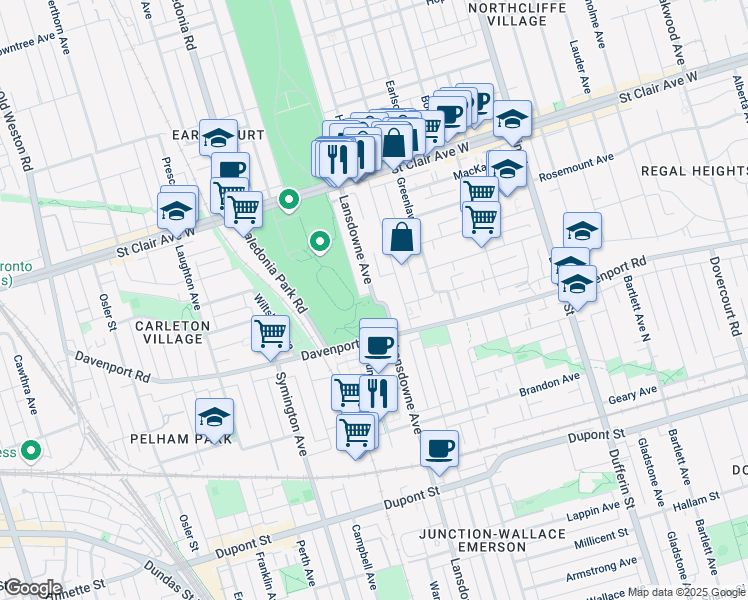 map of restaurants, bars, coffee shops, grocery stores, and more near Lansdowne Avenue in Toronto