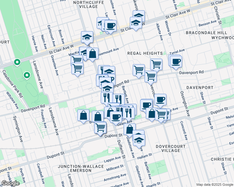 map of restaurants, bars, coffee shops, grocery stores, and more near 117 Bristol Avenue in Toronto