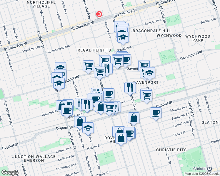 map of restaurants, bars, coffee shops, grocery stores, and more near 566 Delaware Avenue North in Toronto