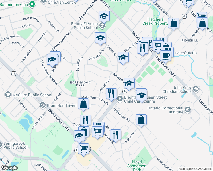 map of restaurants, bars, coffee shops, grocery stores, and more near 21 Bristol Avenue in Brampton