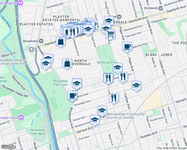 map of restaurants, bars, coffee shops, grocery stores, and more near 15 Albemarle Avenue in Toronto