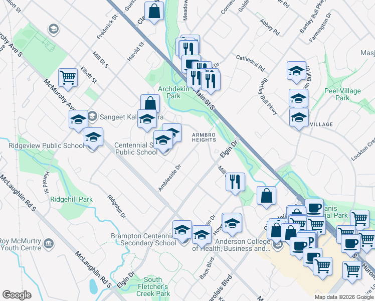 map of restaurants, bars, coffee shops, grocery stores, and more near 61 Ambleside Drive in Brampton
