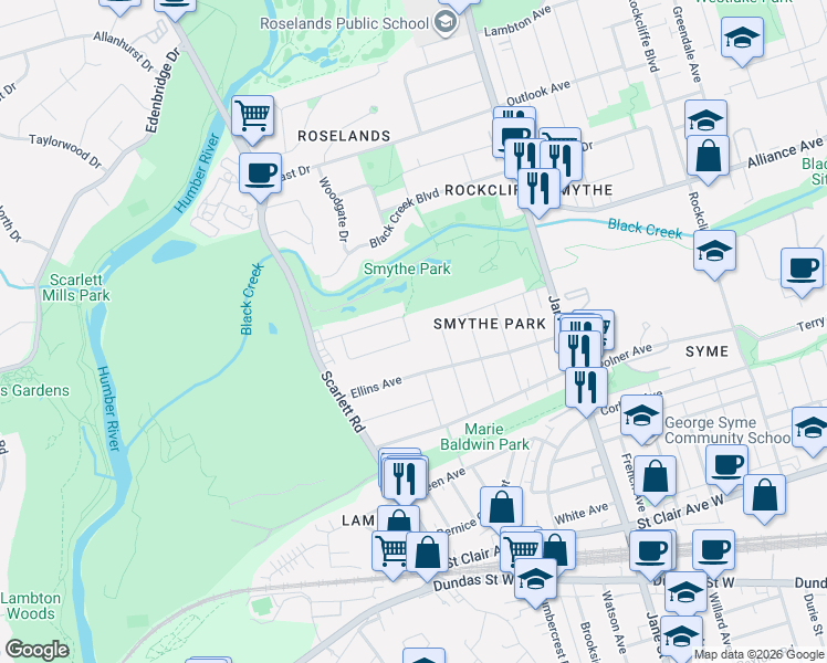 map of restaurants, bars, coffee shops, grocery stores, and more near 74 Edinborough Court in Toronto