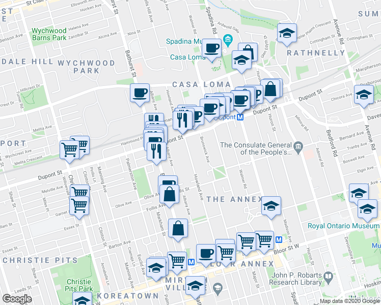 map of restaurants, bars, coffee shops, grocery stores, and more near 225 Howland Avenue in Toronto