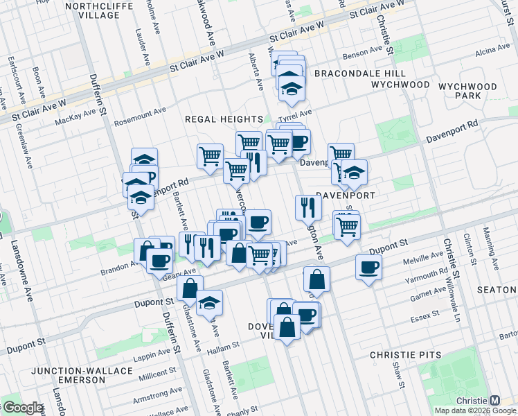 map of restaurants, bars, coffee shops, grocery stores, and more near 568 Delaware Avenue North in Toronto
