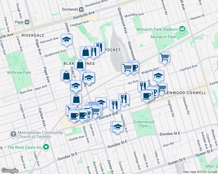 map of restaurants, bars, coffee shops, grocery stores, and more near 10 Ivy Avenue in Toronto