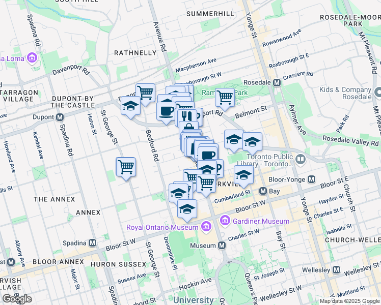 map of restaurants, bars, coffee shops, grocery stores, and more near 82 Avenue Road in Toronto