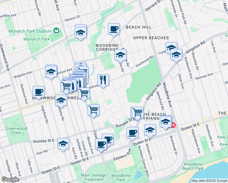 map of restaurants, bars, coffee shops, grocery stores, and more near 90 Edgewood Avenue in Toronto