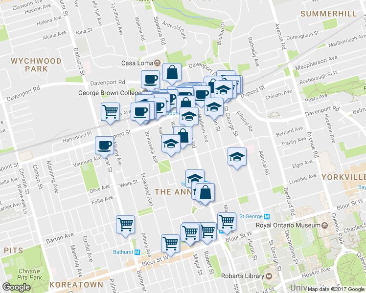 map of restaurants, bars, coffee shops, grocery stores, and more near 118 Spadina Road in Toronto