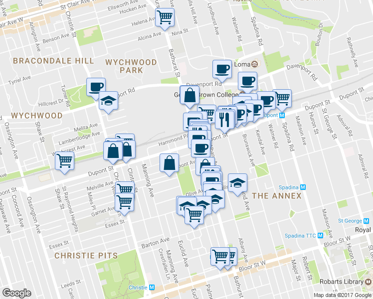 map of restaurants, bars, coffee shops, grocery stores, and more near in Toronto