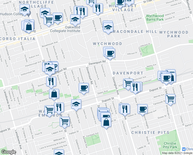 map of restaurants, bars, coffee shops, grocery stores, and more near 568 Delaware Avenue North in Toronto