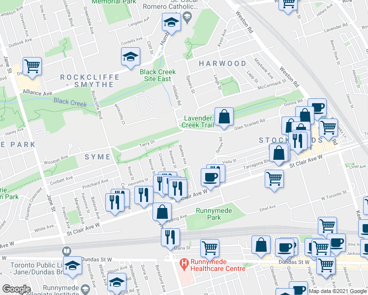 map of restaurants, bars, coffee shops, grocery stores, and more near 35 Blakley Avenue in Toronto