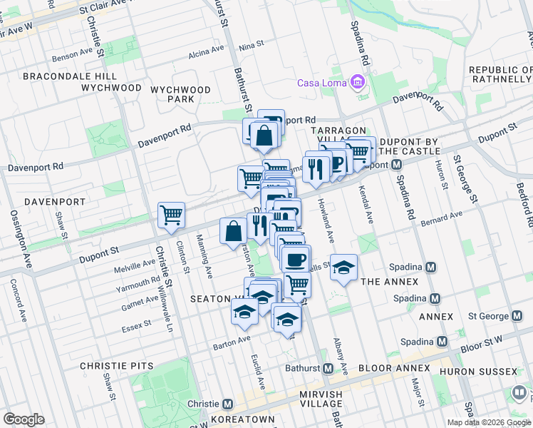 map of restaurants, bars, coffee shops, grocery stores, and more near in Toronto