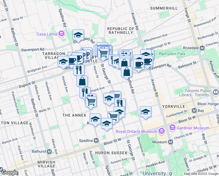 map of restaurants, bars, coffee shops, grocery stores, and more near 240 Saint George Street in Toronto