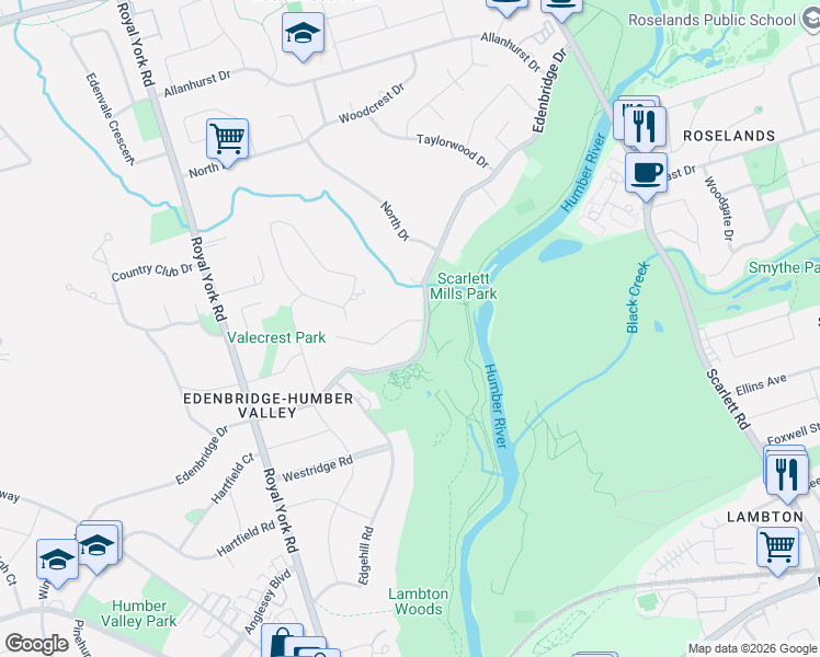 map of restaurants, bars, coffee shops, grocery stores, and more near 3 Bearwood Drive in Toronto