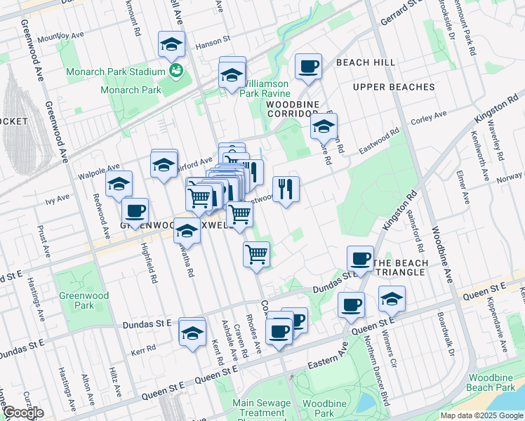 map of restaurants, bars, coffee shops, grocery stores, and more near 80 Gainsborough Road in Toronto