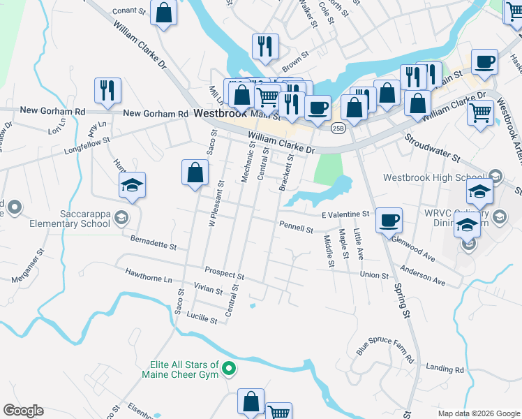 map of restaurants, bars, coffee shops, grocery stores, and more near 121 Brackett Street in Westbrook