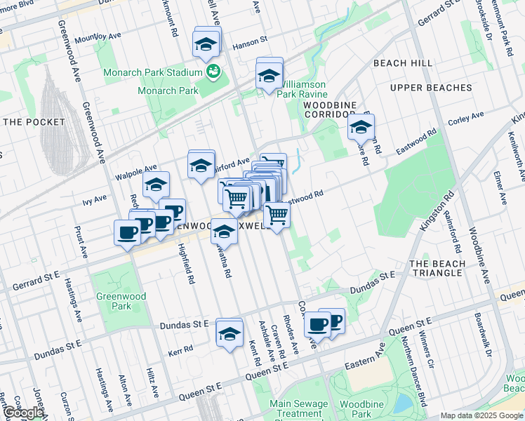 map of restaurants, bars, coffee shops, grocery stores, and more near 1495 Gerrard Street East in Toronto