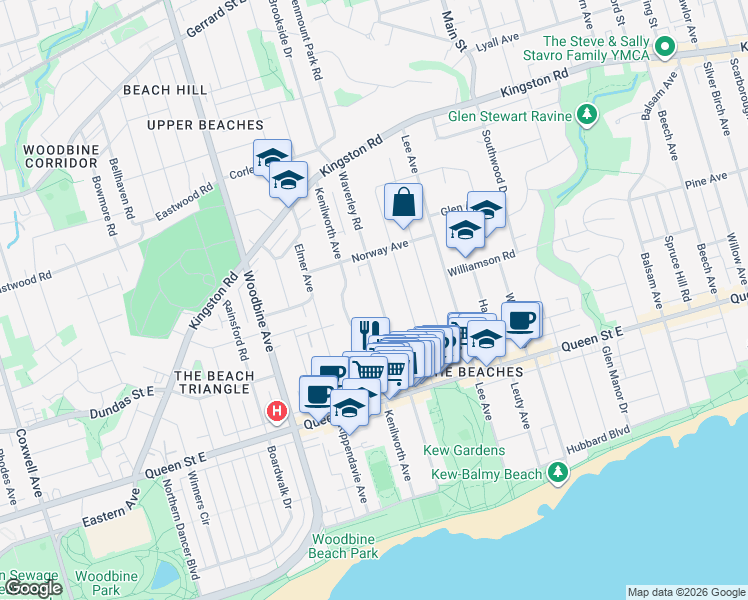 map of restaurants, bars, coffee shops, grocery stores, and more near in Toronto