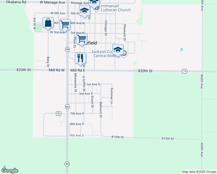 map of restaurants, bars, coffee shops, grocery stores, and more near 510 1st Avenue South in Lakefield