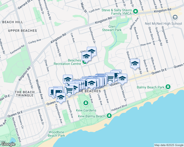 map of restaurants, bars, coffee shops, grocery stores, and more near 41 Hambly Avenue in Toronto