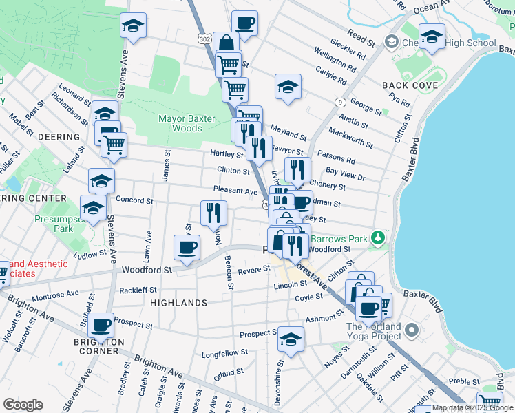 map of restaurants, bars, coffee shops, grocery stores, and more near 13 Concord Street in Portland