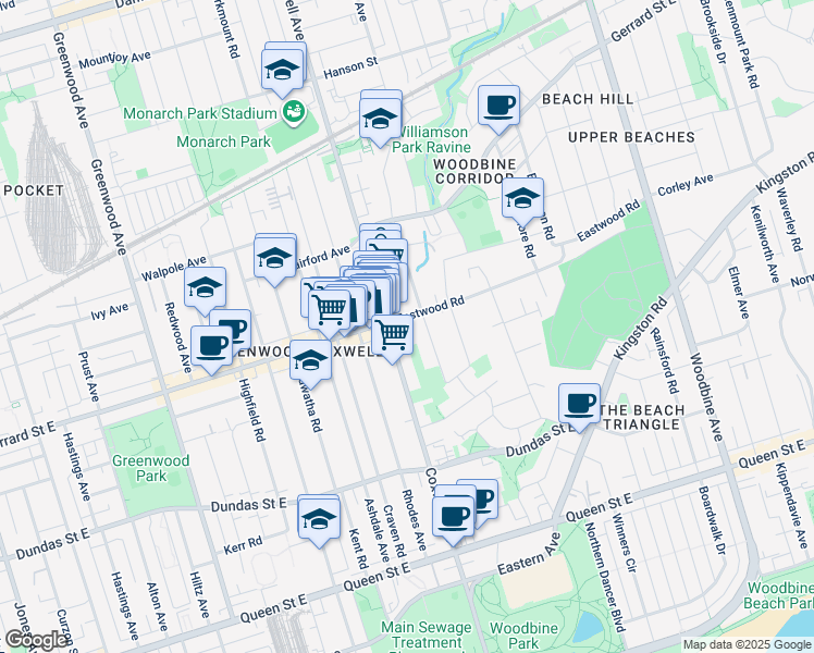 map of restaurants, bars, coffee shops, grocery stores, and more near 15 Eastwood Road in Toronto