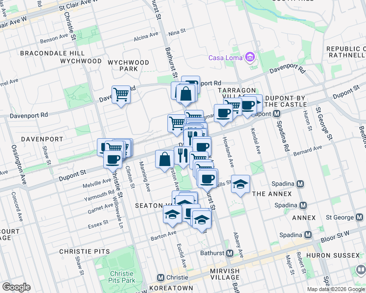 map of restaurants, bars, coffee shops, grocery stores, and more near 483 Dupont Street in Toronto