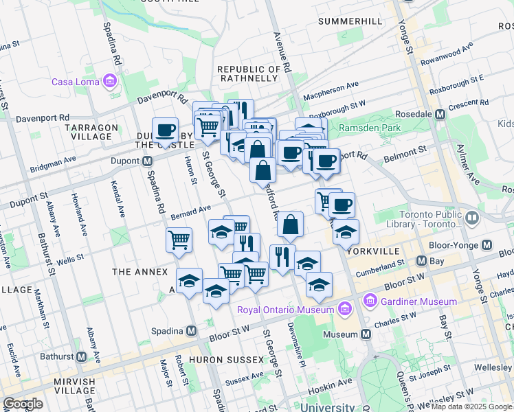 map of restaurants, bars, coffee shops, grocery stores, and more near 63 Admiral Road in Toronto