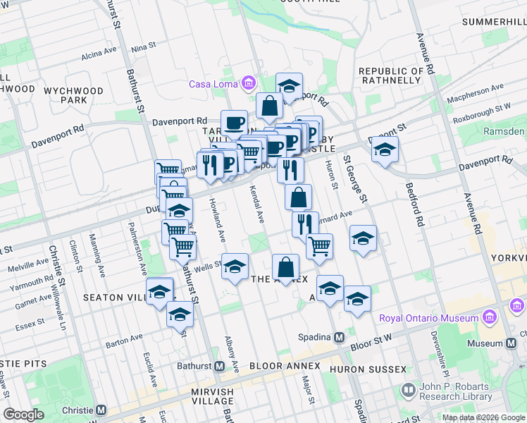 map of restaurants, bars, coffee shops, grocery stores, and more near 77 Kendal Avenue in Toronto