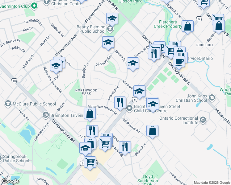 map of restaurants, bars, coffee shops, grocery stores, and more near 19 Bristol Avenue in Brampton