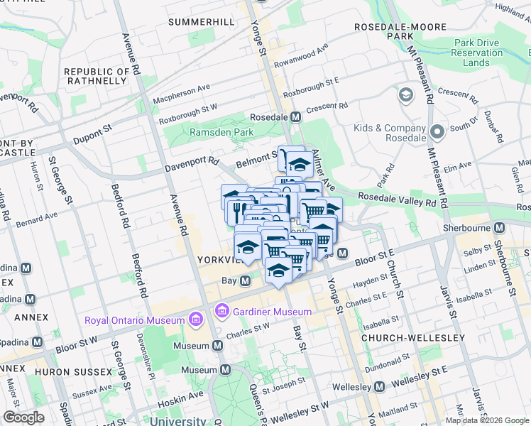 map of restaurants, bars, coffee shops, grocery stores, and more near 1331 Bay Street in Toronto
