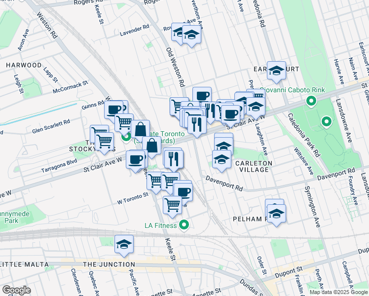 map of restaurants, bars, coffee shops, grocery stores, and more near 1799 Saint Clair Avenue West in Toronto