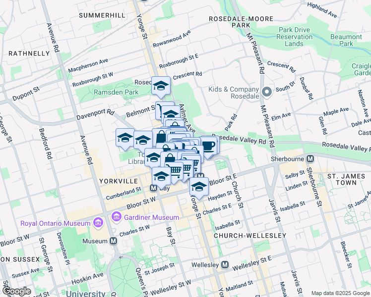 map of restaurants, bars, coffee shops, grocery stores, and more near 835 Church Street in Toronto