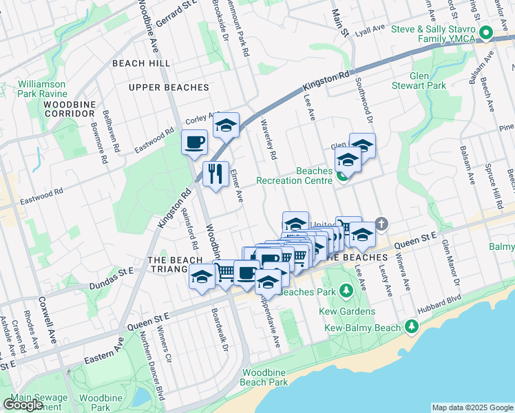 map of restaurants, bars, coffee shops, grocery stores, and more near 209 Kenilworth Avenue in Toronto