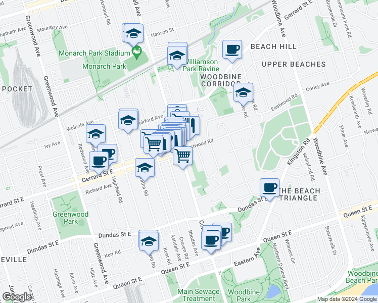 map of restaurants, bars, coffee shops, grocery stores, and more near 80 Gainsborough Road in Toronto