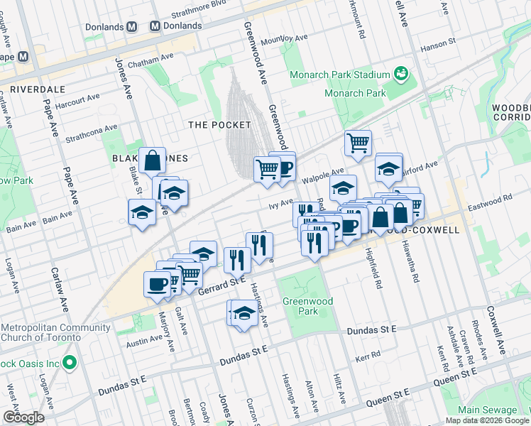 map of restaurants, bars, coffee shops, grocery stores, and more near in Toronto