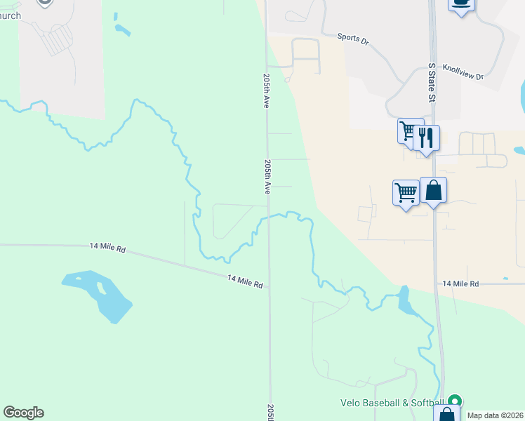 map of restaurants, bars, coffee shops, grocery stores, and more near 20906 Edgewood Drive in Big Rapids