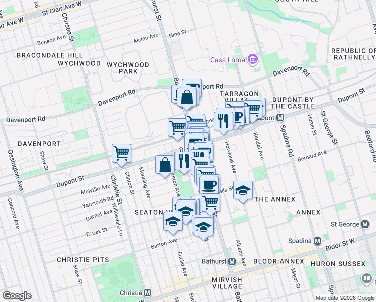 map of restaurants, bars, coffee shops, grocery stores, and more near 473 Dupont Street in Toronto