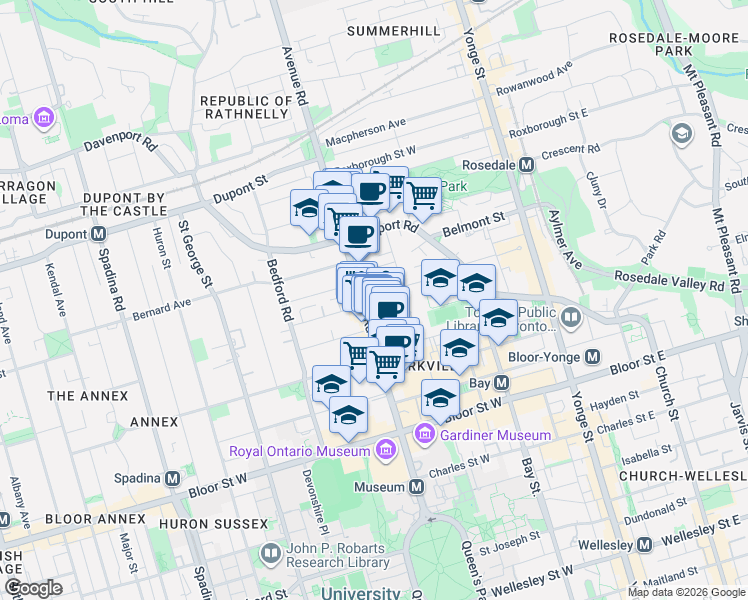map of restaurants, bars, coffee shops, grocery stores, and more near 103 Avenue Road in Toronto