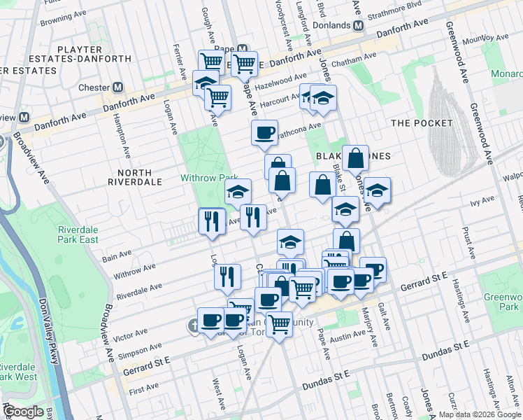 map of restaurants, bars, coffee shops, grocery stores, and more near 254 Bain Avenue in Toronto